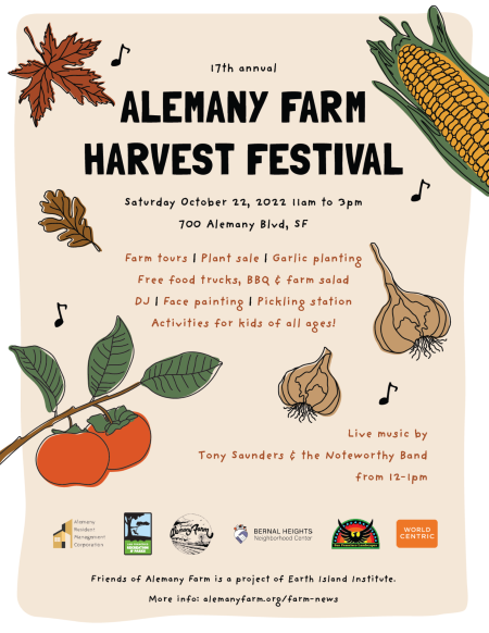 flyer for Alemany Farm 2022 Harvest Festival, Oct 22, 11 am to 3 pm, with details included on this webpage