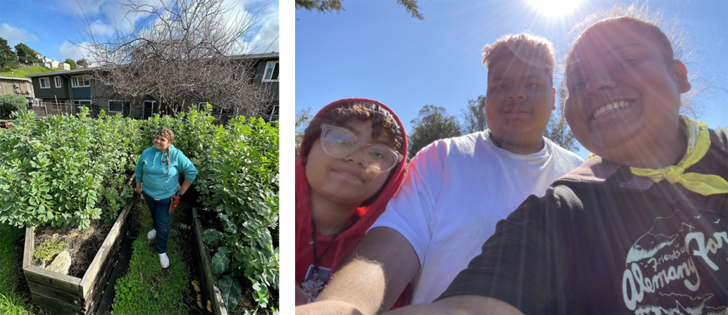 two photos: Tati surrounded by many fava bean plants in a raised keyhole bed; Tati selfie with her two kids, with blue sky and rays of sunshine