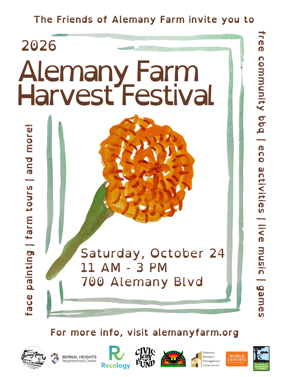 Alemany Farm Harvest Festival flyer with info included on this page